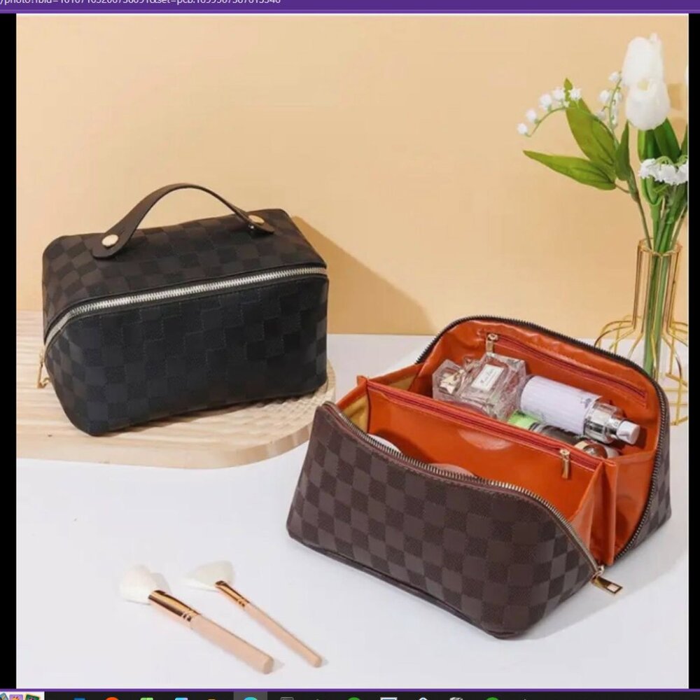 Black Designer Inspired Vegan Leather zip makeup bag NEW